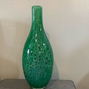 Teal peacock pattern blown glass vase
